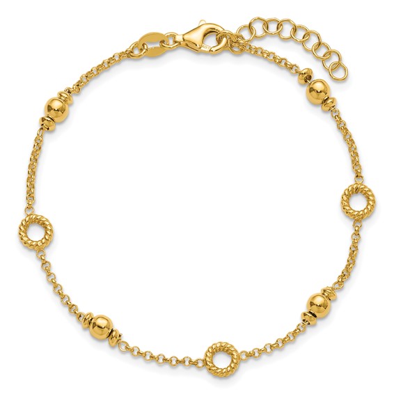 Leslie's Sterling Silver Gold-tone Polished/Beaded w/1in ext. Bracelet