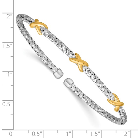 Leslie's SS RH-pl and Gold-pl Polished X Woven Flexible Cuff Bangle