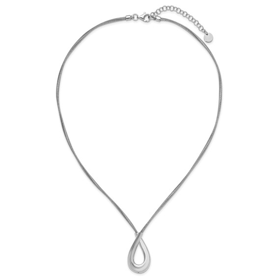 Leslie's SS Rhod-plat Polished and Textured Teardrop w/2in ext. Necklace