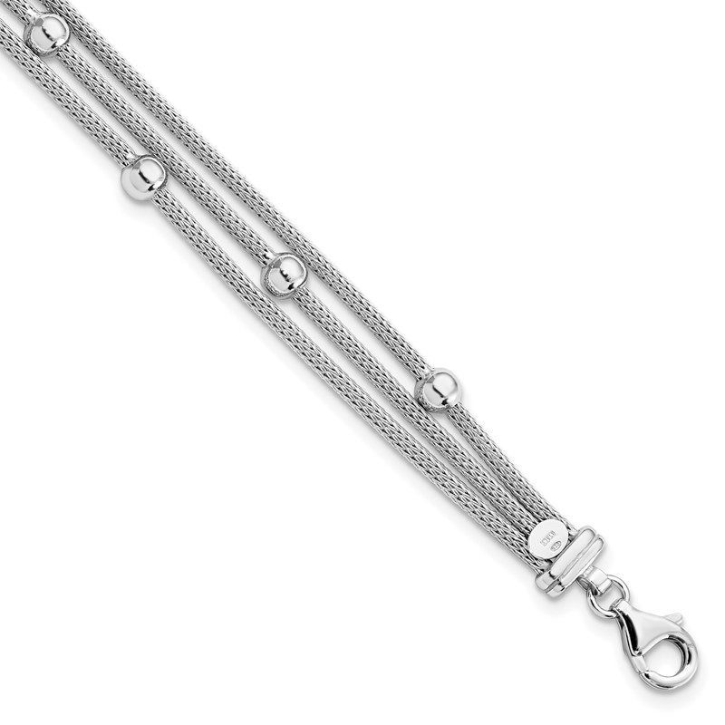Sterling Silver RH-plt Polished w/2 in ext. Beaded Mesh Bracelet