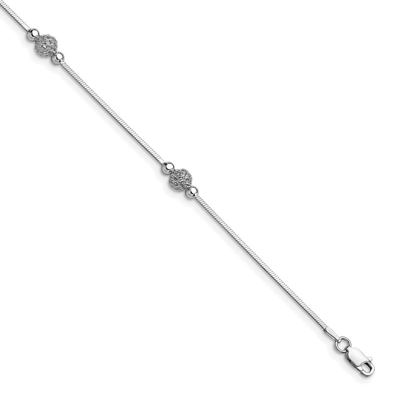 Sterling Silver RH-plt Polish/Textured Beaded w/1in ext. Anklet