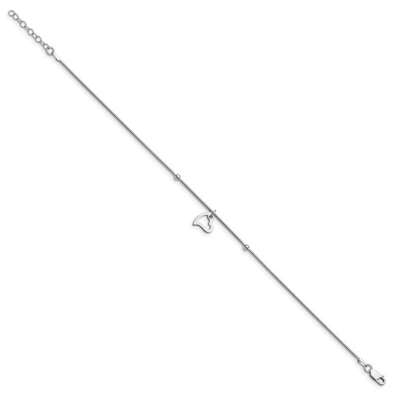 Sterling Silver Rhodium-plated Polished Heart w/1in ext. Anklet