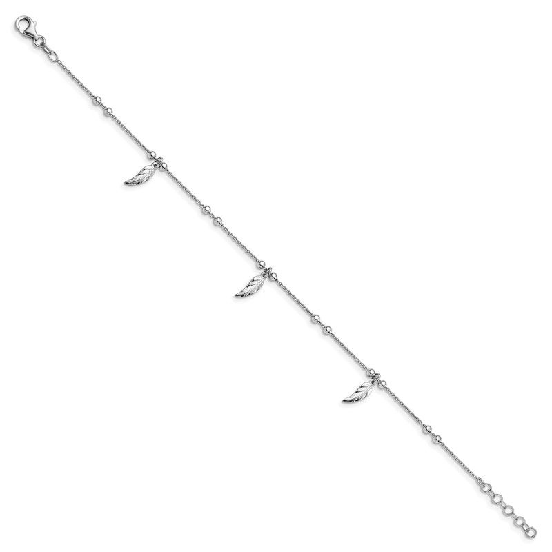 Sterling Silver RH-plated Polished Feather w/1in ext. Anklet