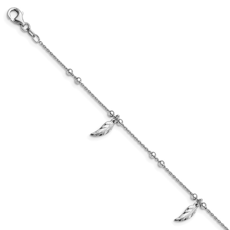 Sterling Silver RH-plated Polished Feather w/1in ext. Anklet