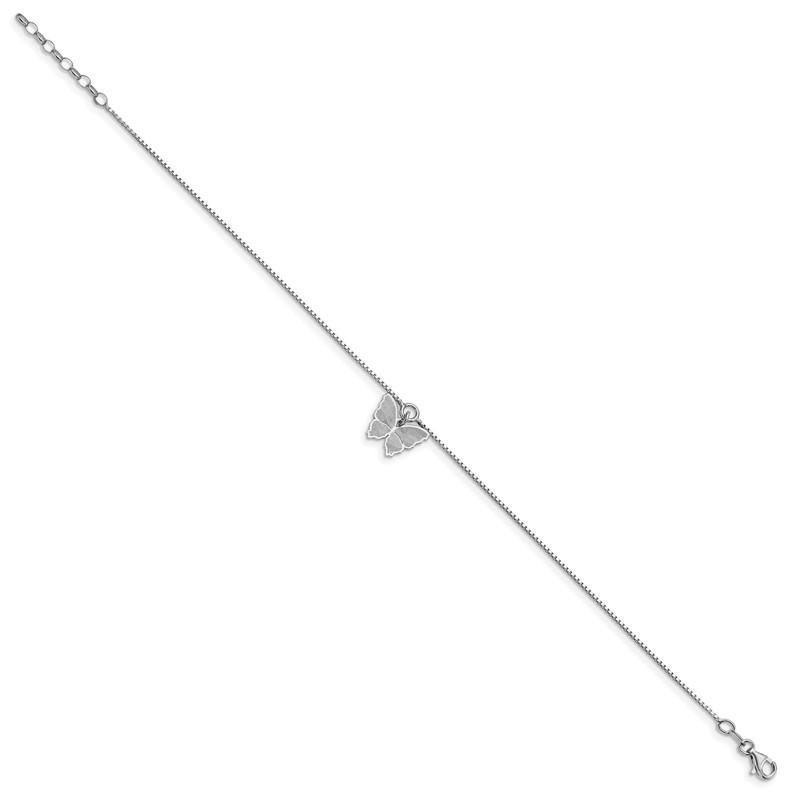 SS RH-plt Polished & Textured Butterfly w/1in ext. Anklet