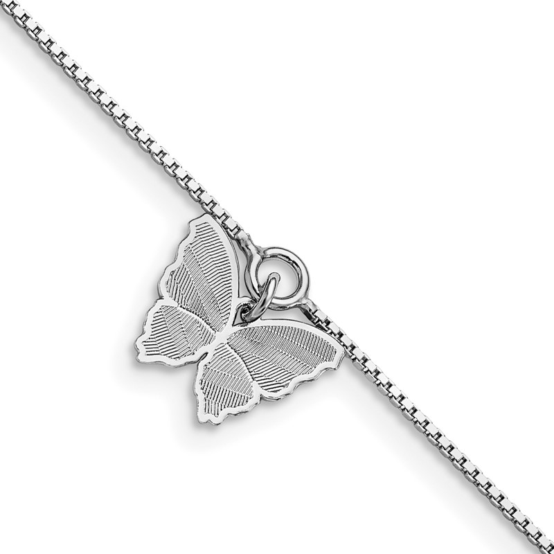 SS RH-plt Polished & Textured Butterfly w/1in ext. Anklet