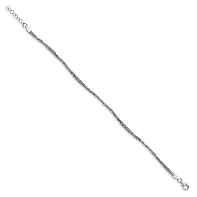 Sterling Silver RH-plated Textured Three Strand w/1in ext. Anklet