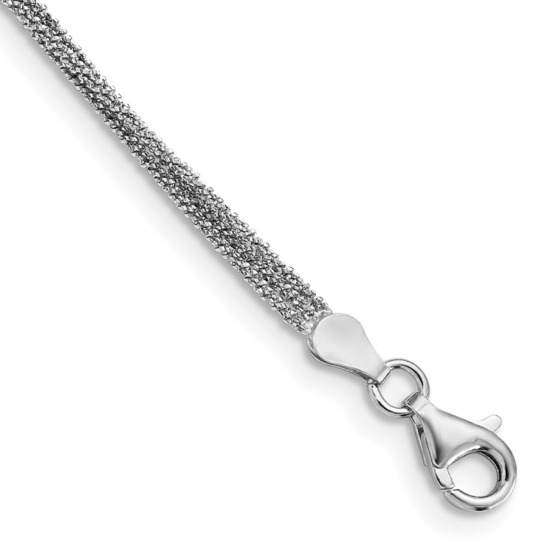 Sterling Silver RH-plated Textured Three Strand w/1in ext. Anklet