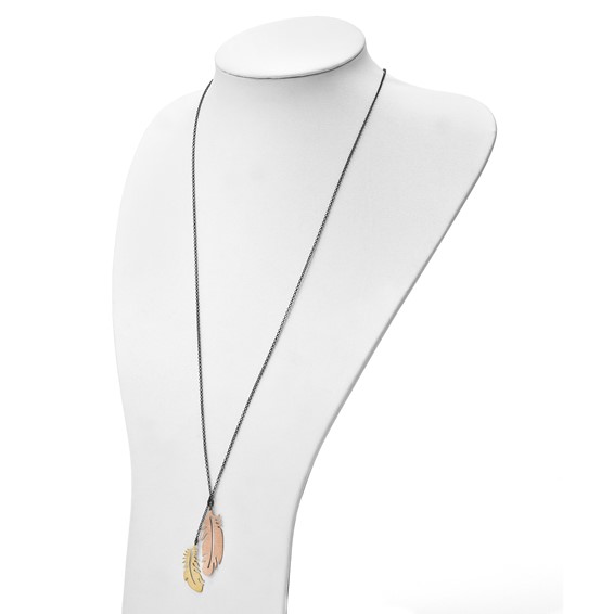Leslie's Sterling Silver Black-plated Rose & Gold-tone Feather Necklace