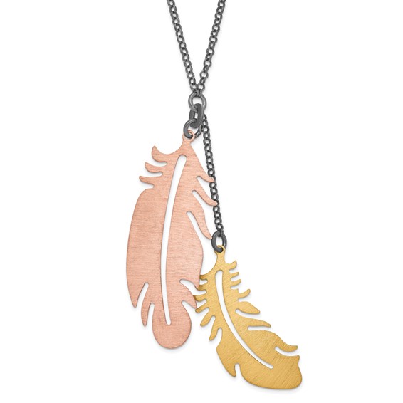 Leslie's Sterling Silver Black-plated Rose & Gold-tone Feather Necklace
