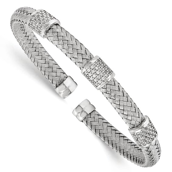 Leslie's Sterling Silver Rhodium-plated CZ Woven Flexible Cuff