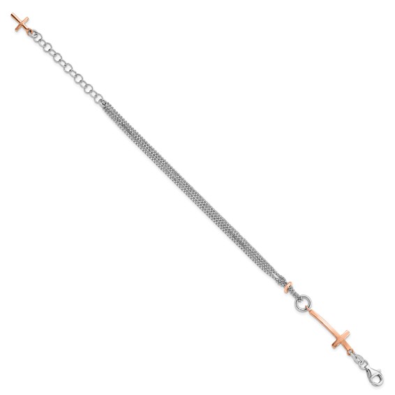 Leslie's Sterling Silver w/Rose-tone Cross w/1.5in ext. w/Cross Bracelet