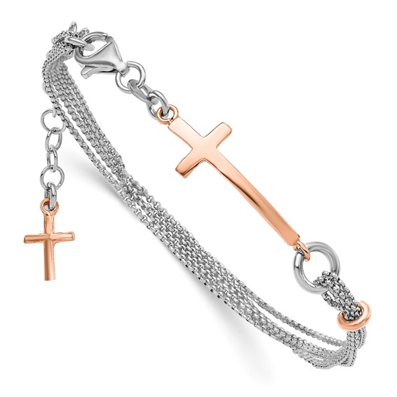 Leslie's Sterling Silver w/Rose-tone Cross w/1.5in ext. w/Cross Bracelet