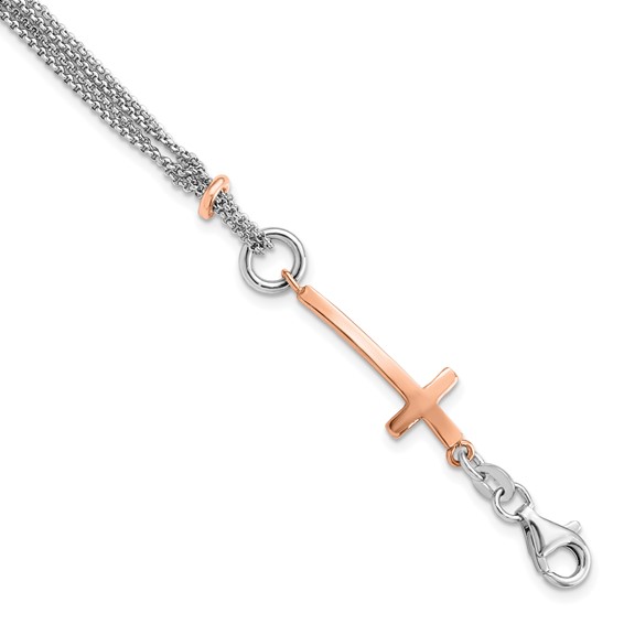 Leslie's Sterling Silver w/Rose-tone Cross w/1.5in ext. w/Cross Bracelet