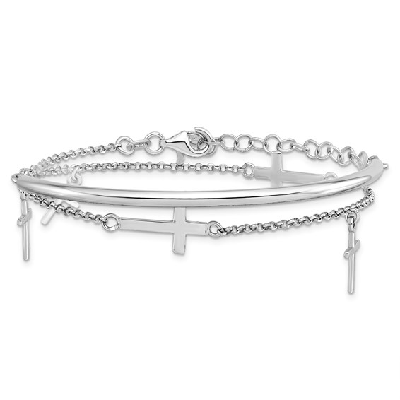 Leslie's Sterling Silver RH-plt Polished Crosses w/2in ext. Wrap Bracelet