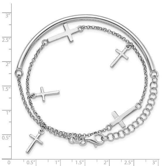 Leslie's Sterling Silver RH-plt Polished Crosses w/2in ext. Wrap Bracelet