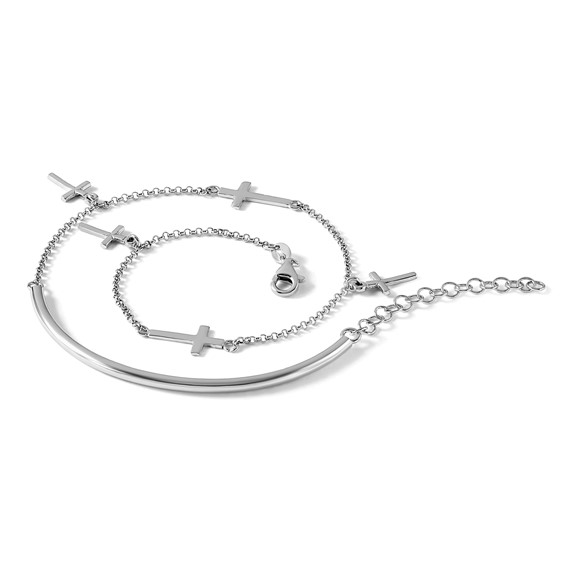 Leslie's Sterling Silver RH-plt Polished Crosses w/2in ext. Wrap Bracelet
