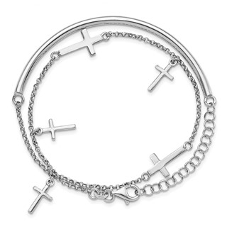 Leslie's Sterling Silver RH-plt Polished Crosses w/2in ext. Wrap Bracelet