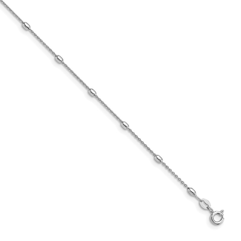 Sterling Silver RH-plated Polished Beaded with 1in ext. Anklet