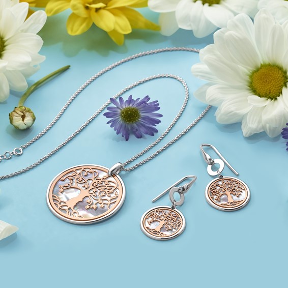 Leslie's Sterling Silver & Rose-tone MOP Tree of Life w/1in ext. Necklace