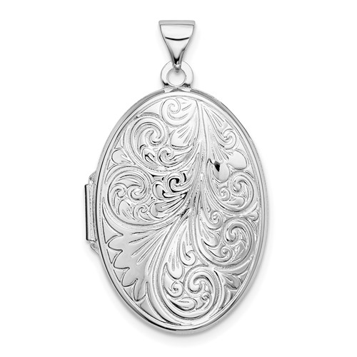 Sterling Silver Rhodium-plated Polished Scroll Design 26mm Oval Locket