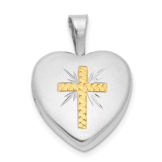Sterling Silver Platinum-plated & Gold-tone Satin & D/C Cross Heart Locket