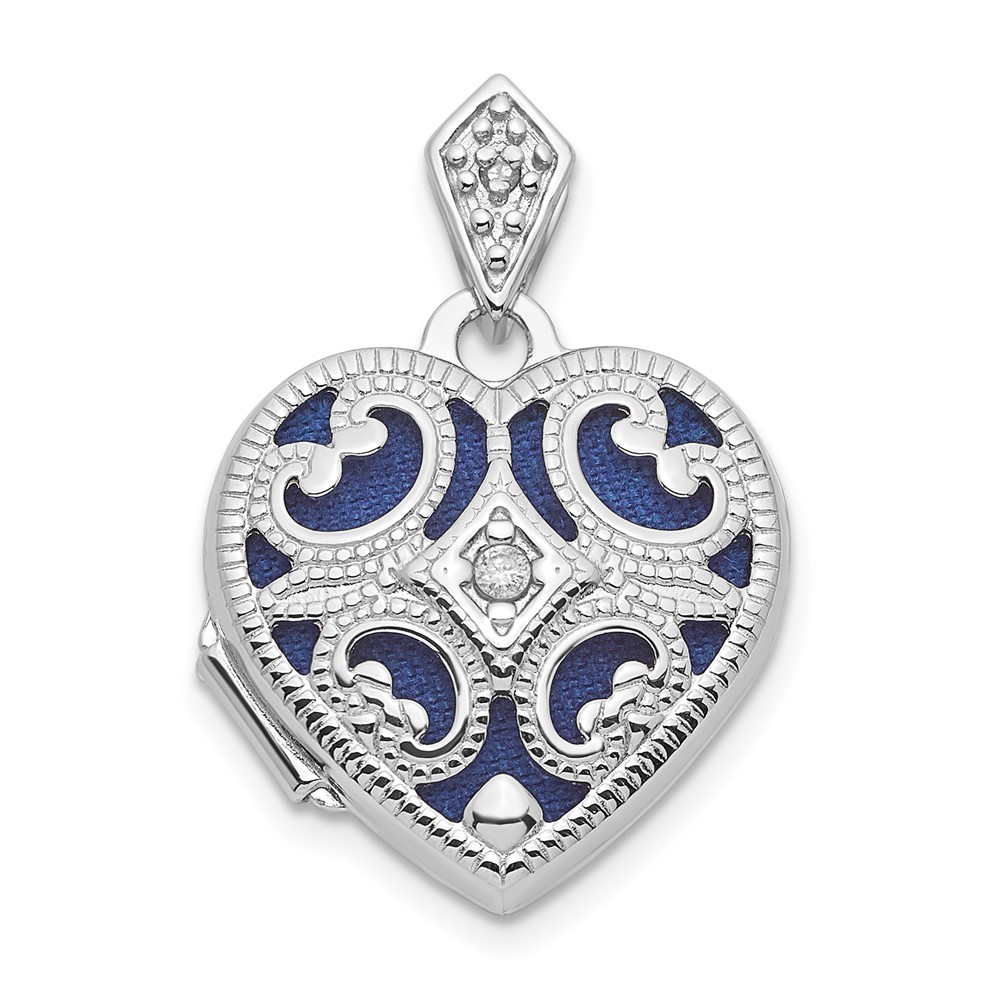 Sterling Silver Rhodium-plated Filigree Diamond 15mm Heart Locket