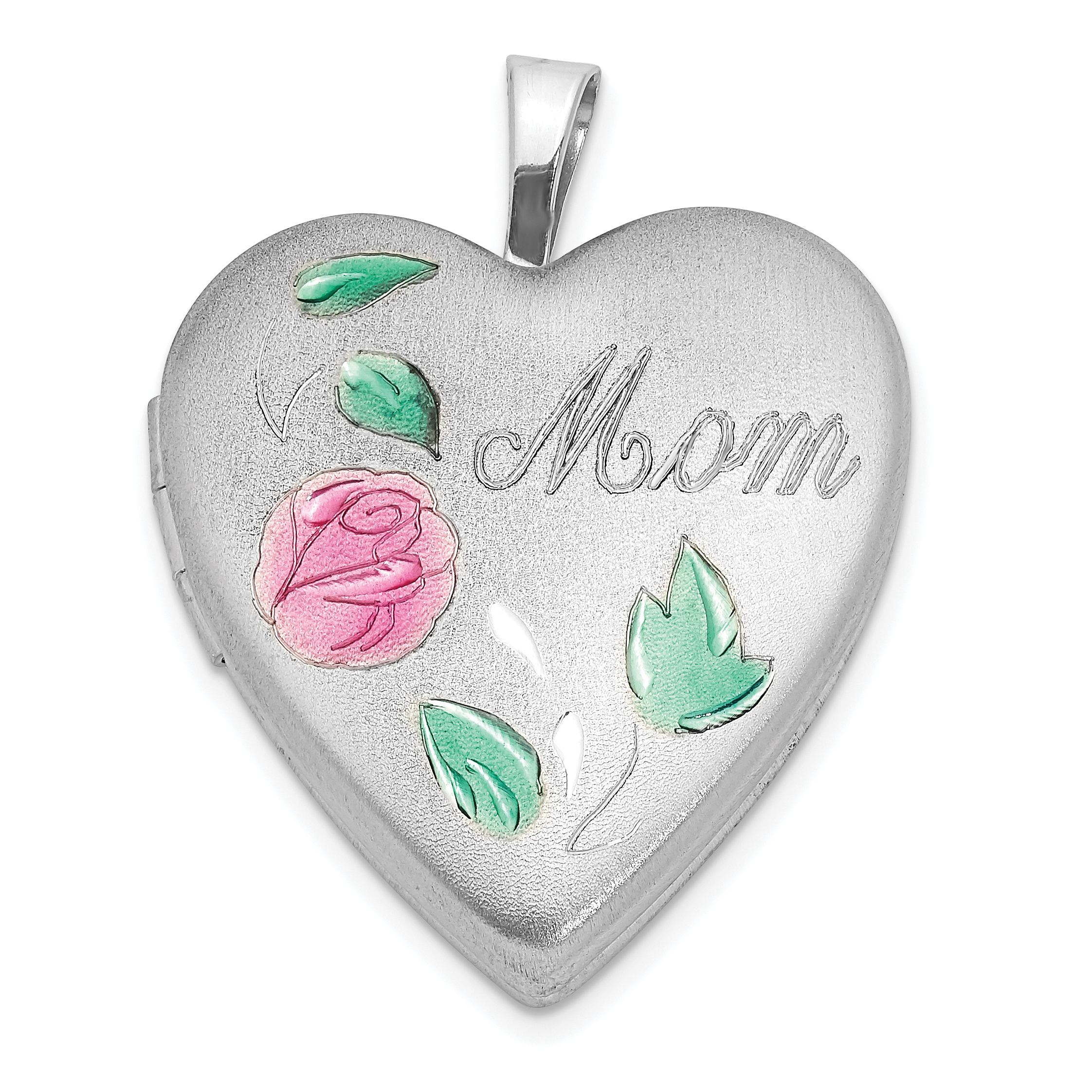 Sterling Silver Rhodium-plated Enameled Flower w/ Mom 20mm Heart Locket (QLS1033)