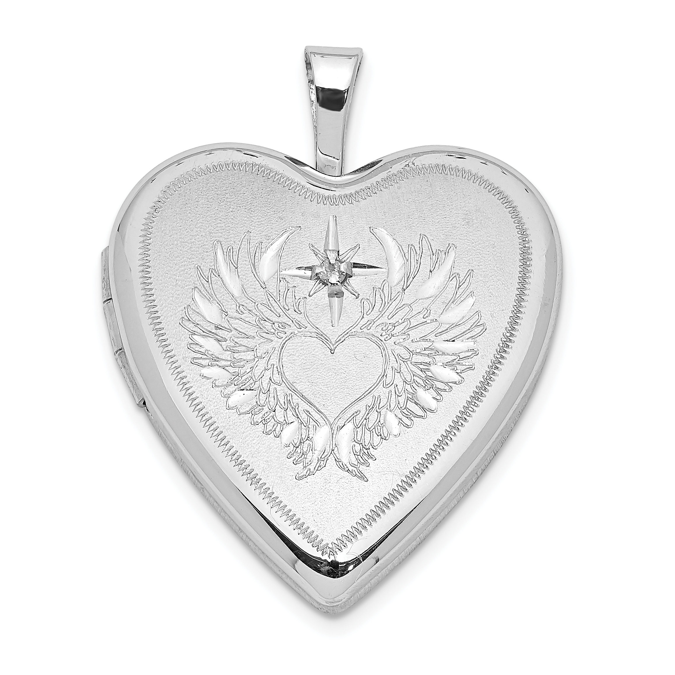 Sterling Silver Rhodium-plated Diamond Wings w/Heart 20mm Heart Locket (QLS1034)