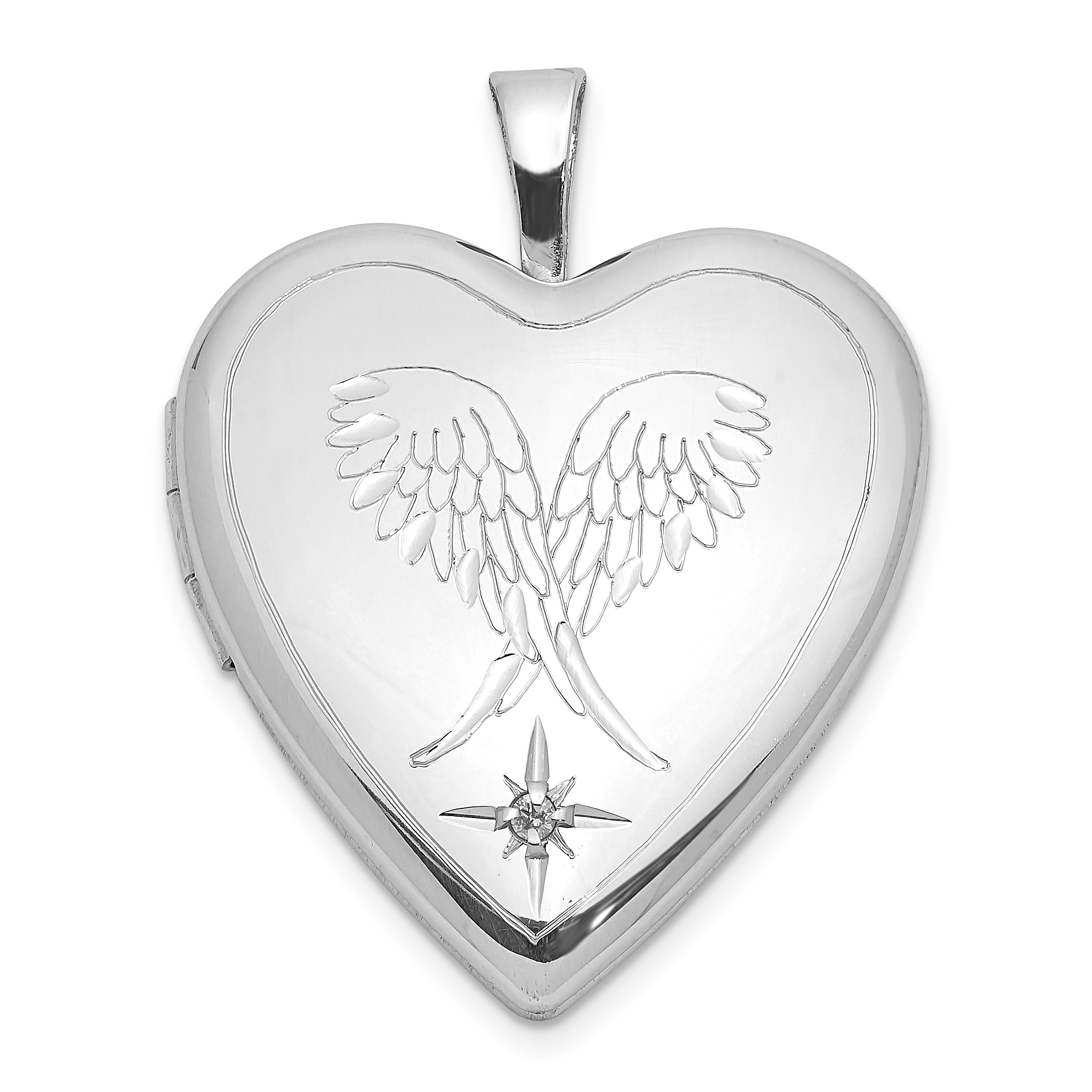 Sterling Silver Rhodium-plated Diamond Wings 20mm Heart Locket (QLS1035)