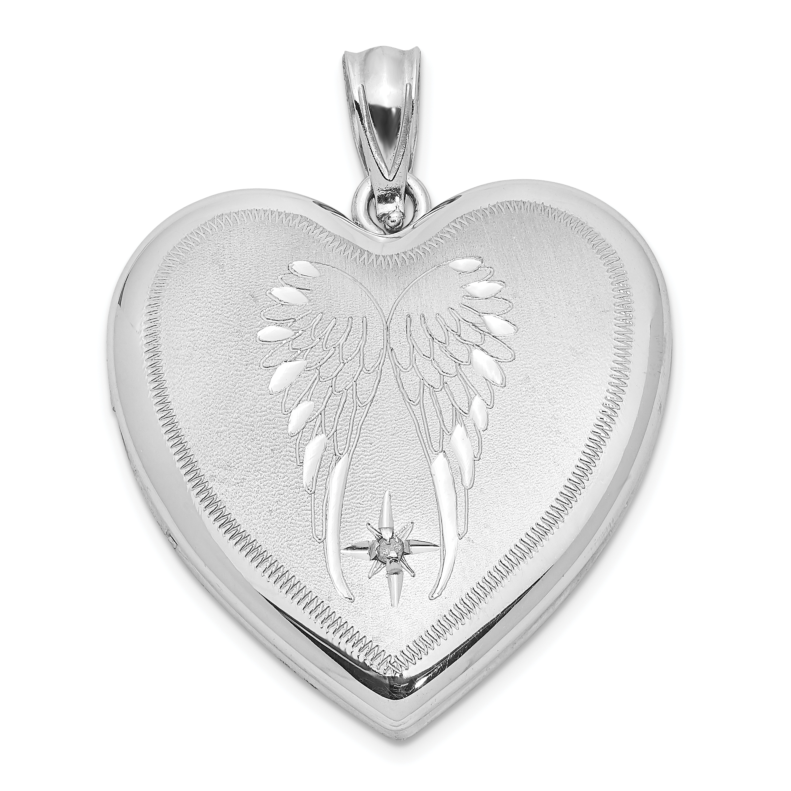 Sterling Silver Rhodium-plated Satin Diamond Wings 24mm Heart Locket (QLS1036)