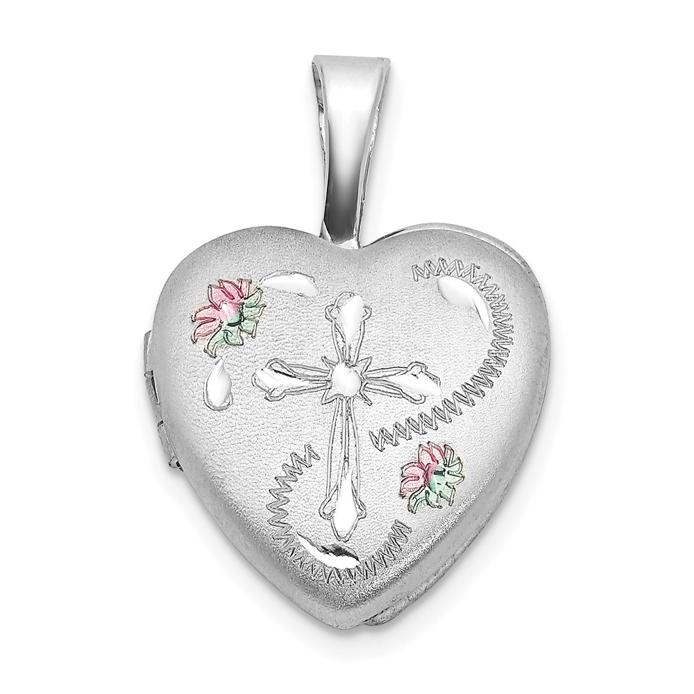 Sterling Silver Rhodium-plated D/C Cross Enameled Flower 12mm Heart Locket