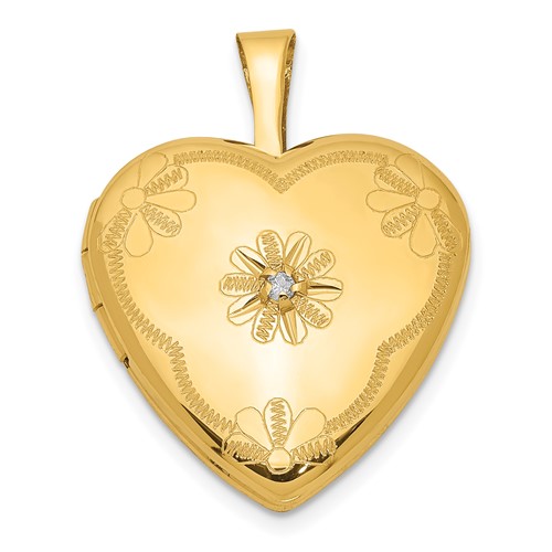 1/20 14K Gold-Filled with Diamond Flower Design 15mm Heart Locket