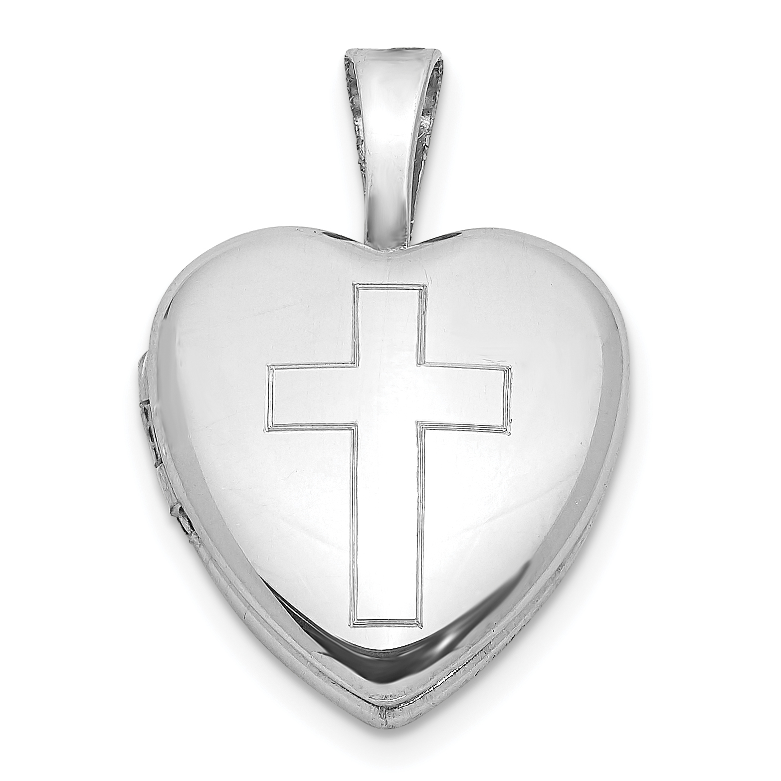 Sterling Silver Rhodium-plated Polished Cross 12mm Heart Locket (QLS1040)