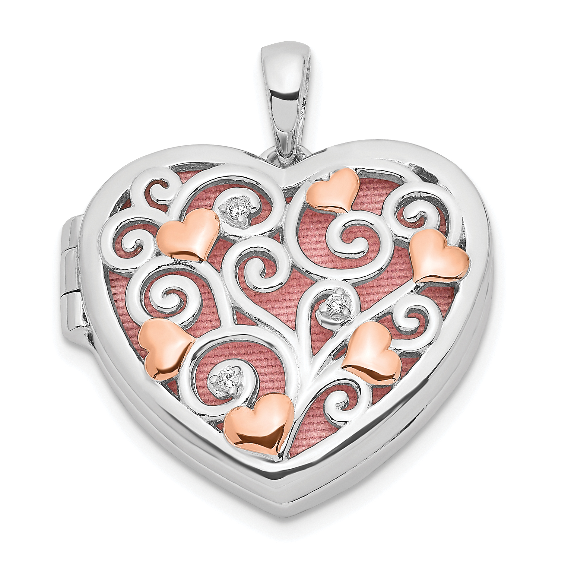 Sterling Silver Rhodium-plated CZ Rose Rhodium Filigree 18mm Heart Locket (QLS1045)