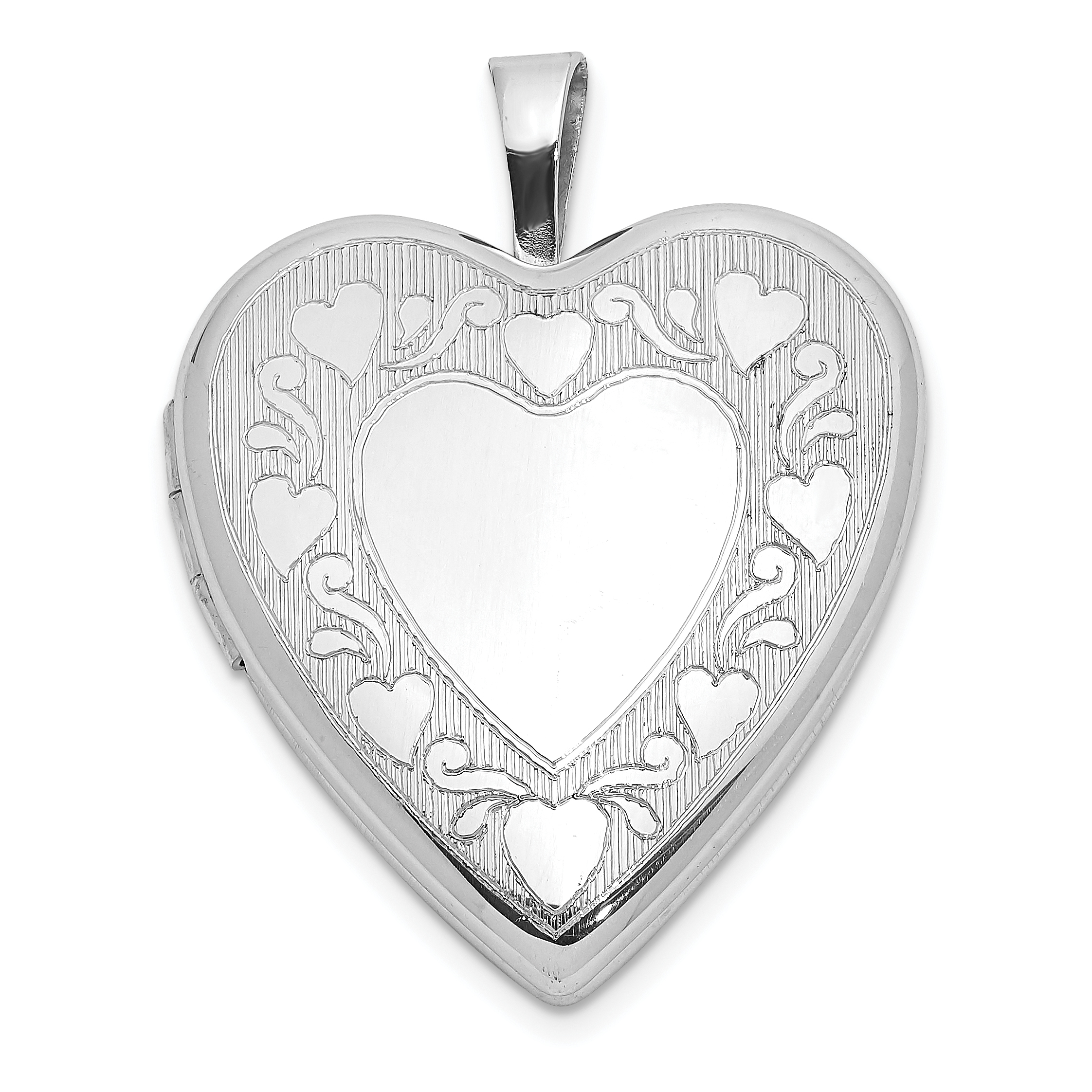 Sterling Silver Rhodium-plated Polished Hearts Border 20mm Heart Locket (QLS1046)