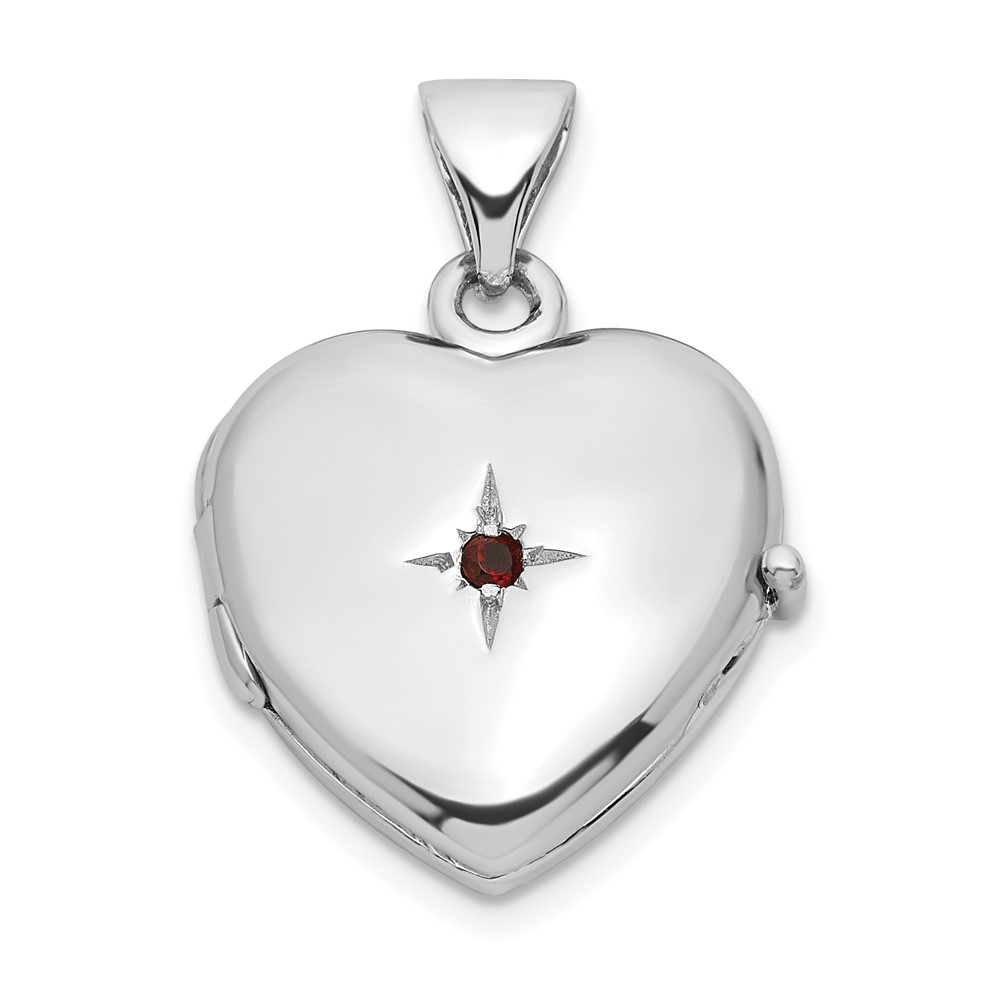 Sterling Silver Rhodium-plated Garnet 15mm Heart Locket