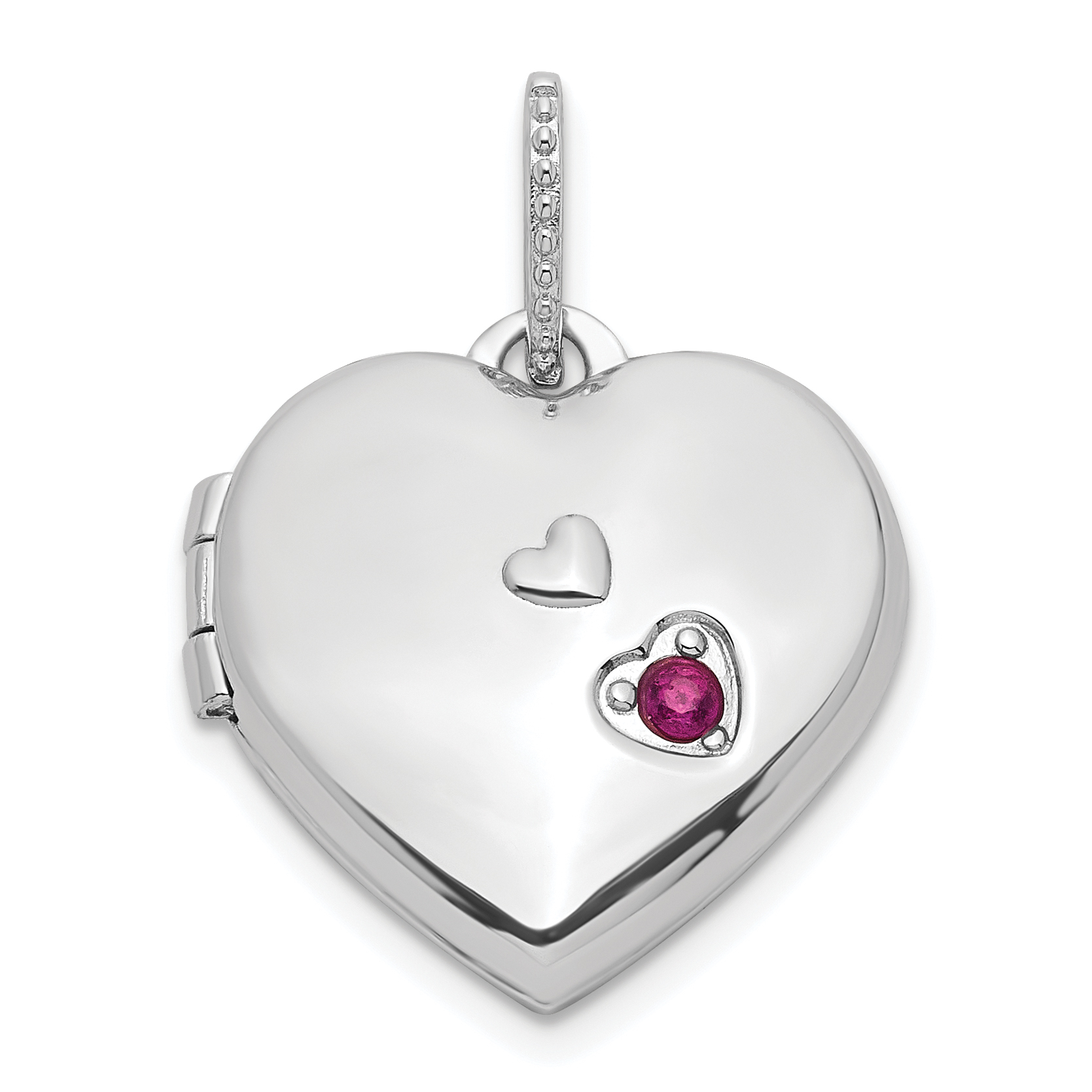 Sterling Silver Rhodium-plated Lab Created Ruby 15mm Heart Locket (QLS1049)