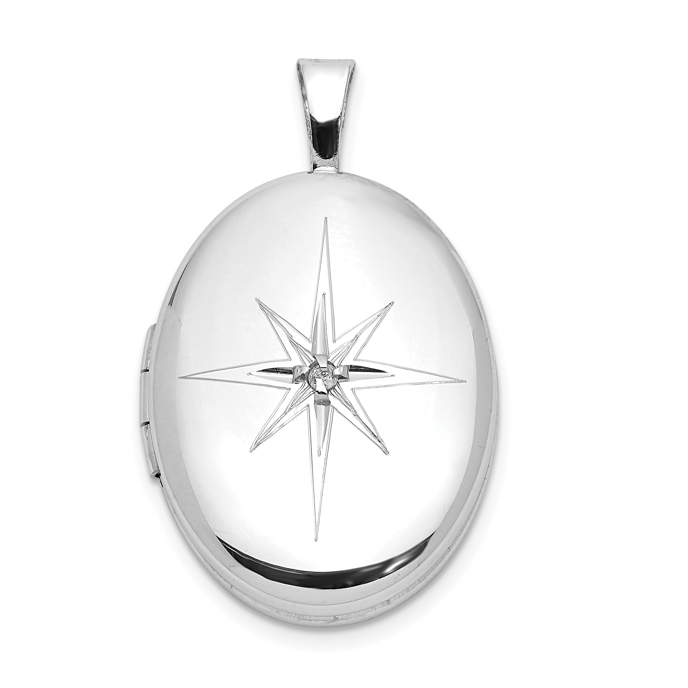 Sterling Silver Rhodium-plated Diamond Starburst 19x15mm Oval Locket (QLS1054)