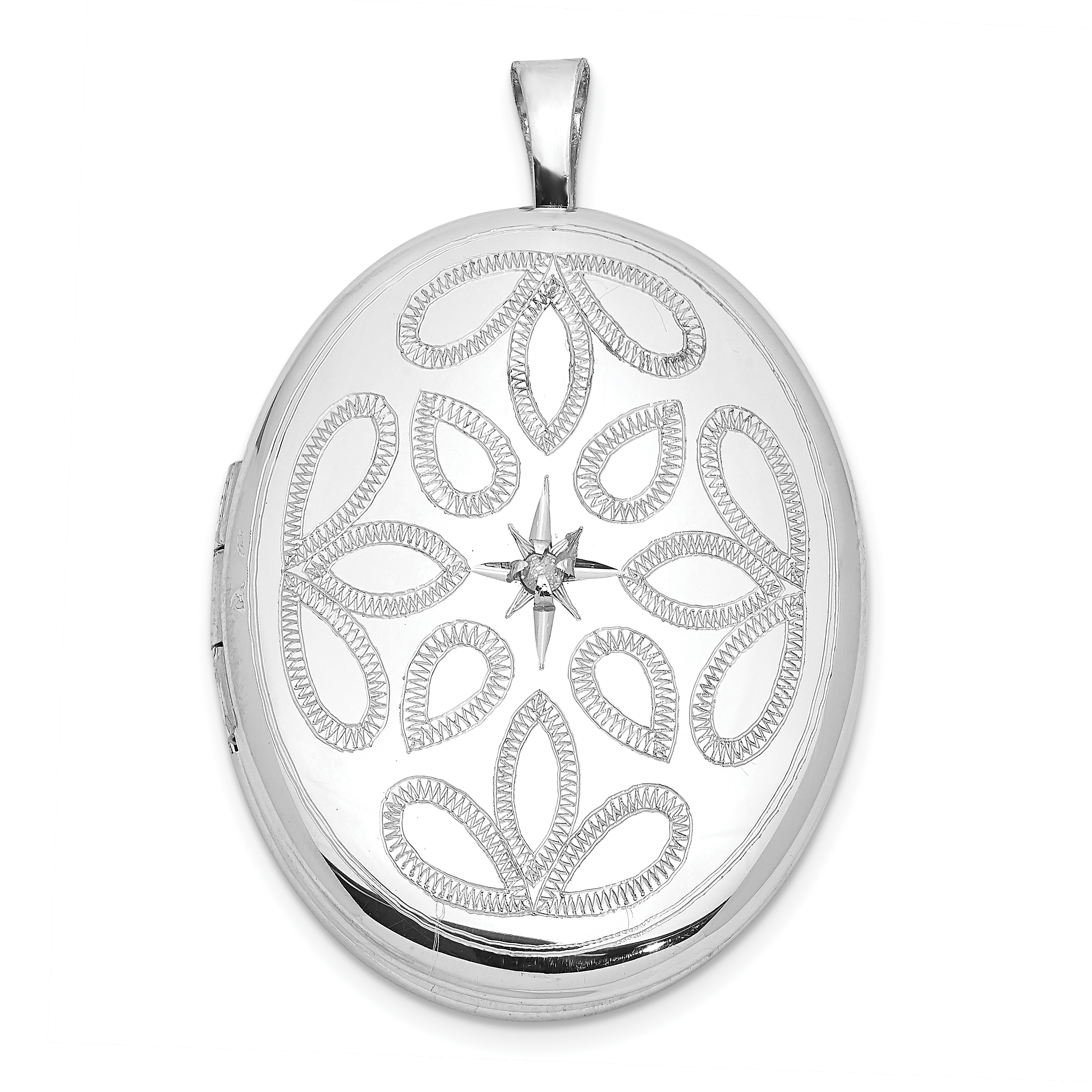 Sterling Silver Rhodium-plated Diamond Leaves 26x20mm Oval Locket (QLS1057)