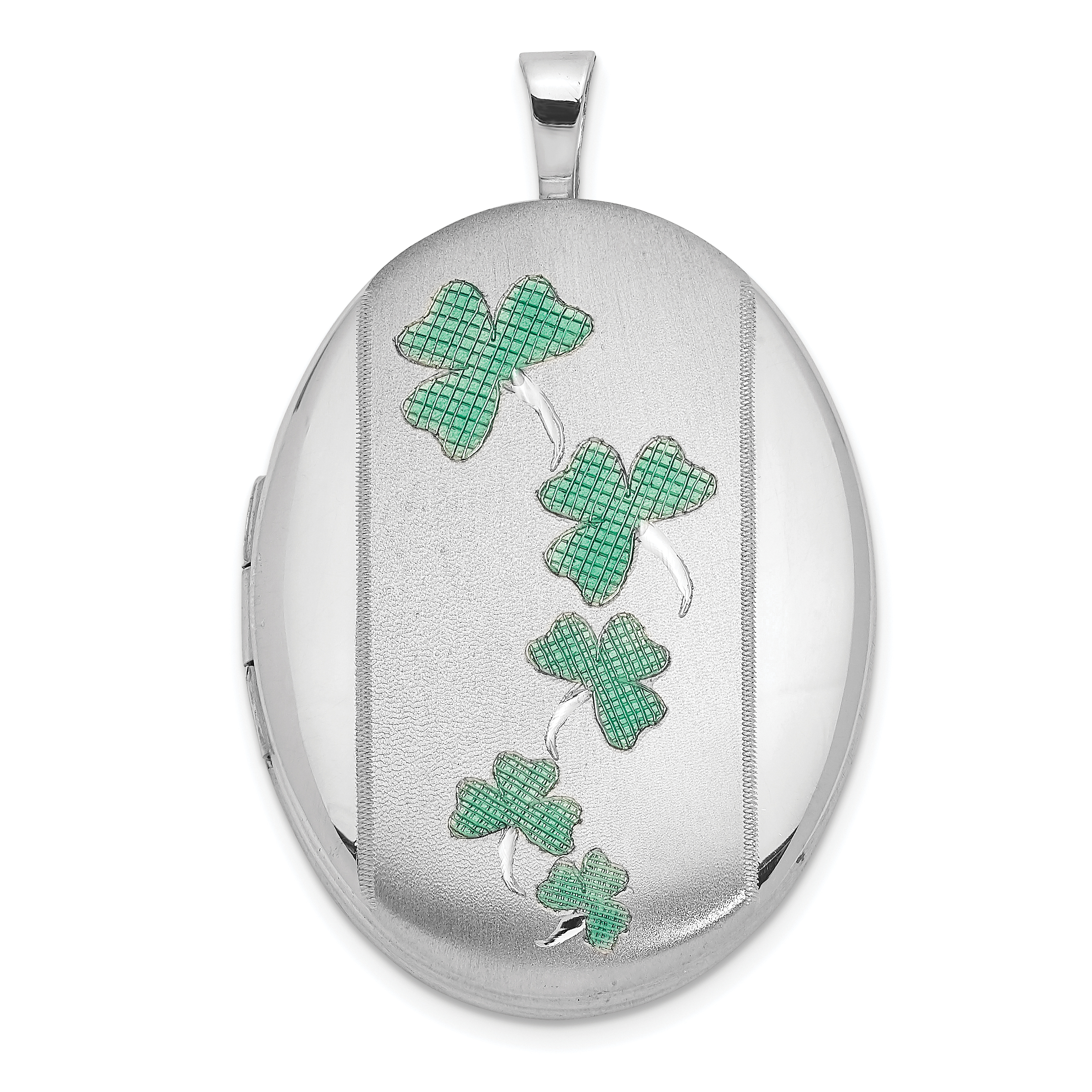 Sterling Silver Rhodium-plated Satin Enameled Clovers 26x20mm Oval Locket (QLS1059)