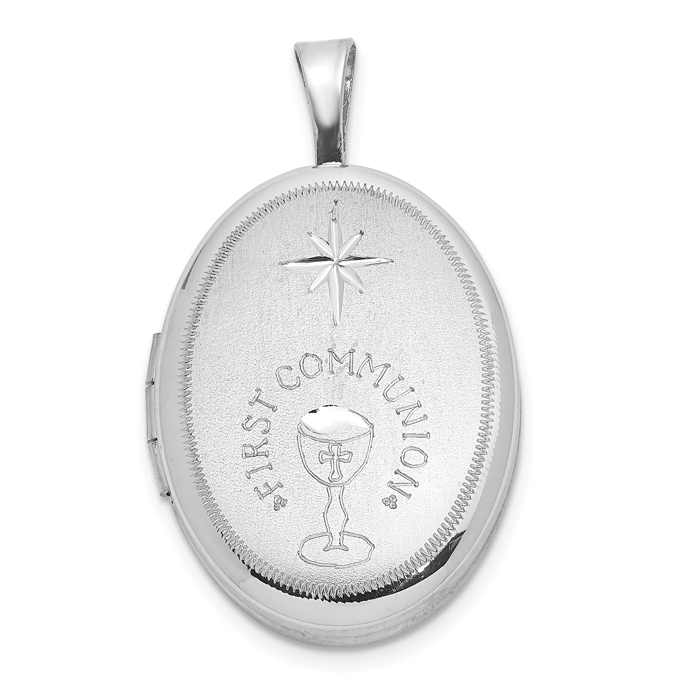 Sterling Silver Rhodium-plated D/C First Communion 19x15mm Oval Locket (QLS1062)