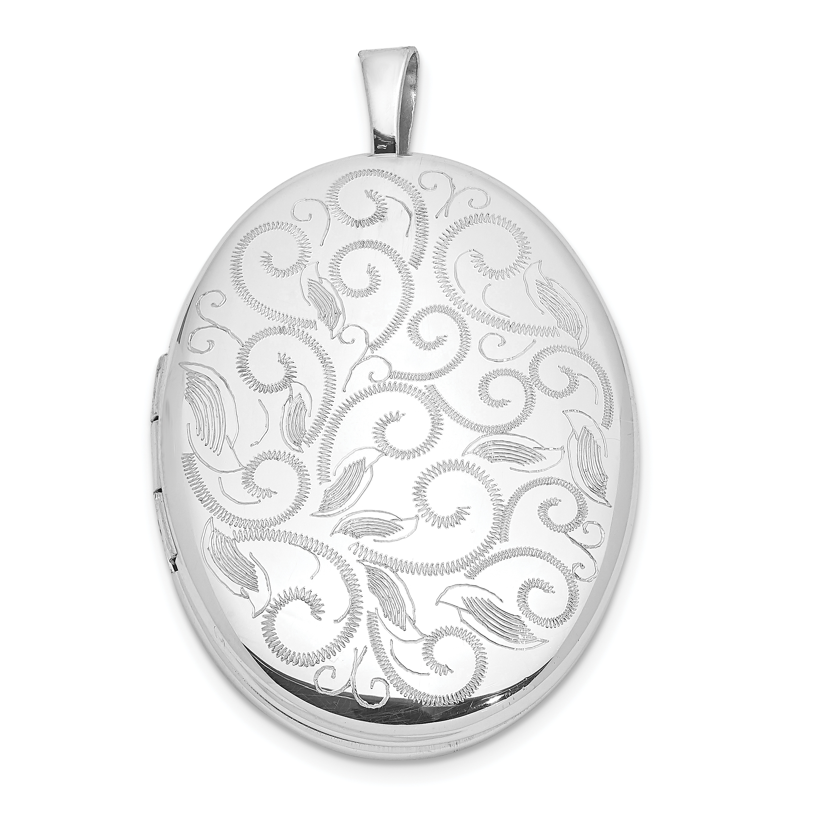 Sterling Silver Rhodium-plated Scroll Design 26x20mm Oval Locket (QLS1068)