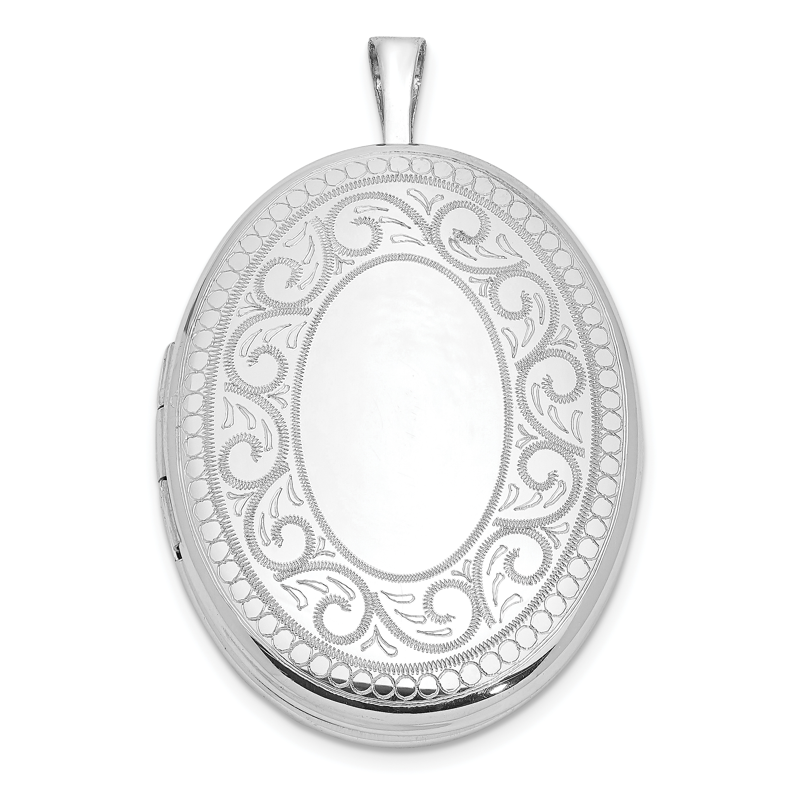 Sterling Silver Rhodium-plated Paisley Border 26x20mm Oval Locket (QLS1075)