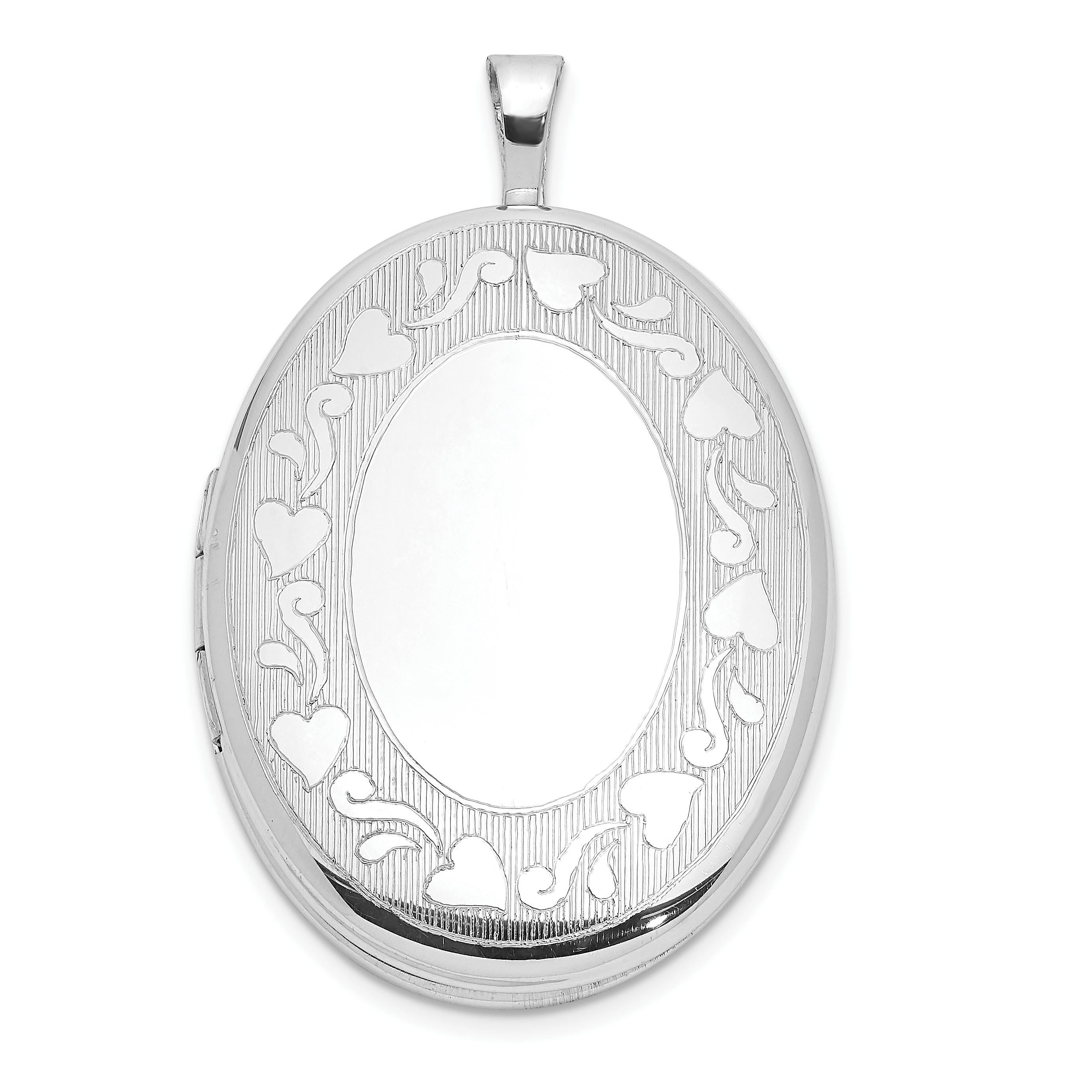 Sterling Silver Rhodium-plated Heart Border 26x20mm Oval Locket (QLS1076)