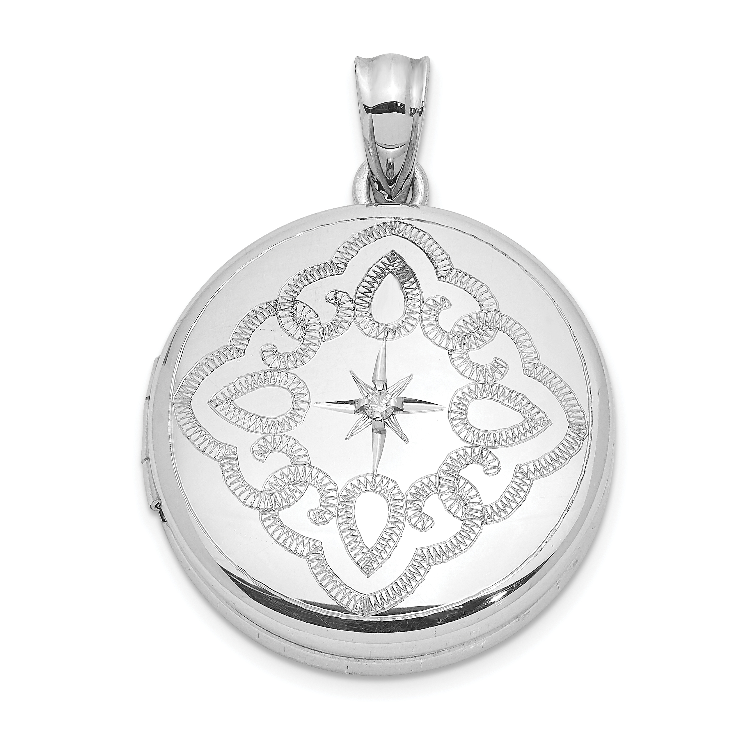 Sterling Silver Rhodium-plated Lace Design Diamond 20mm Round Locket (QLS1084)
