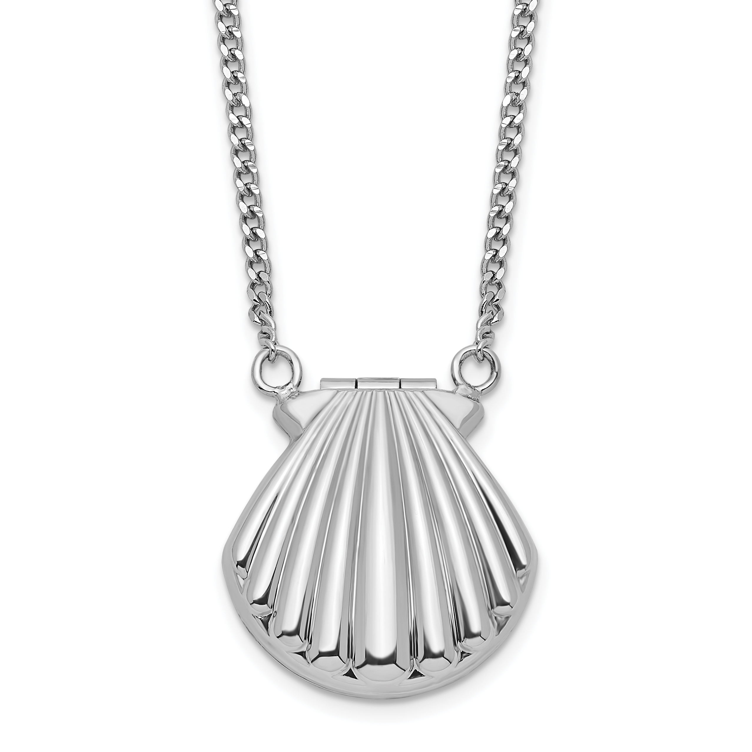 Sterling Silver Rhodium-plated Seashell 15mm Locket Necklace (QLS1088)