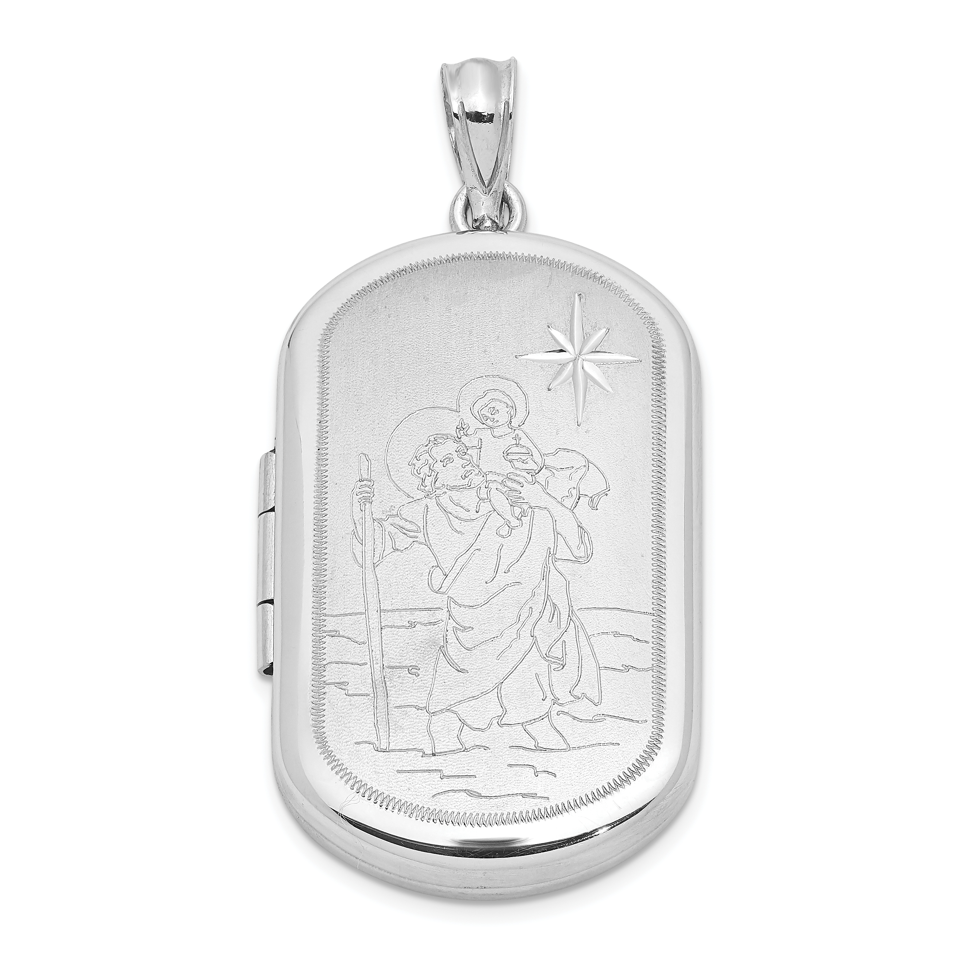 Sterling Silver RH-plated Satin St. Christopher 30x19mm Rectangle Locket (QLS1090)