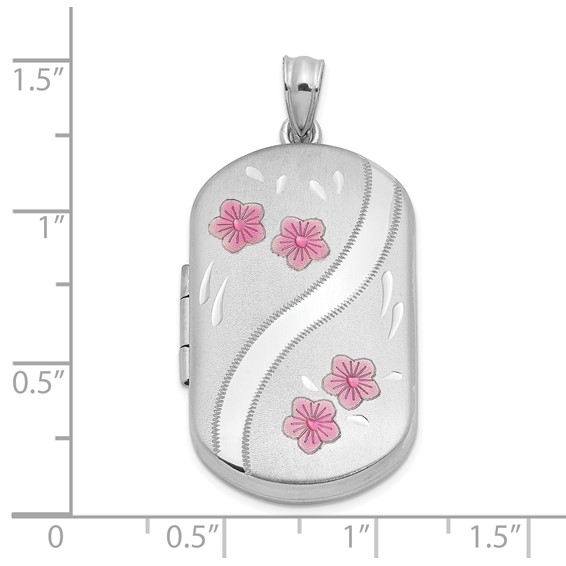 Sterling Silver Rhodium-plated Enamel Flowers 30x19mm Rectangle Locket
