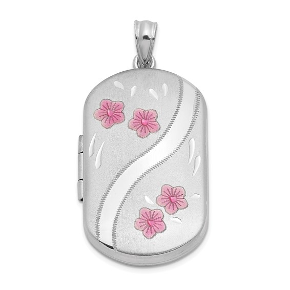 Sterling Silver Rhodium-plated Enamel Flowers 30x19mm Rectangle Locket